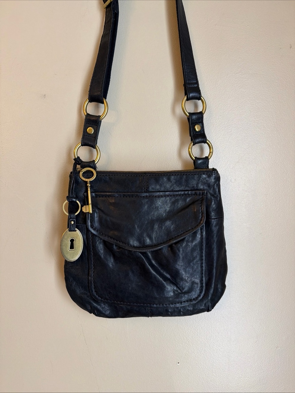Fossil 1954 Long Live Vintage Black Leather Crossbody Boho Bag Key & Lock Charm